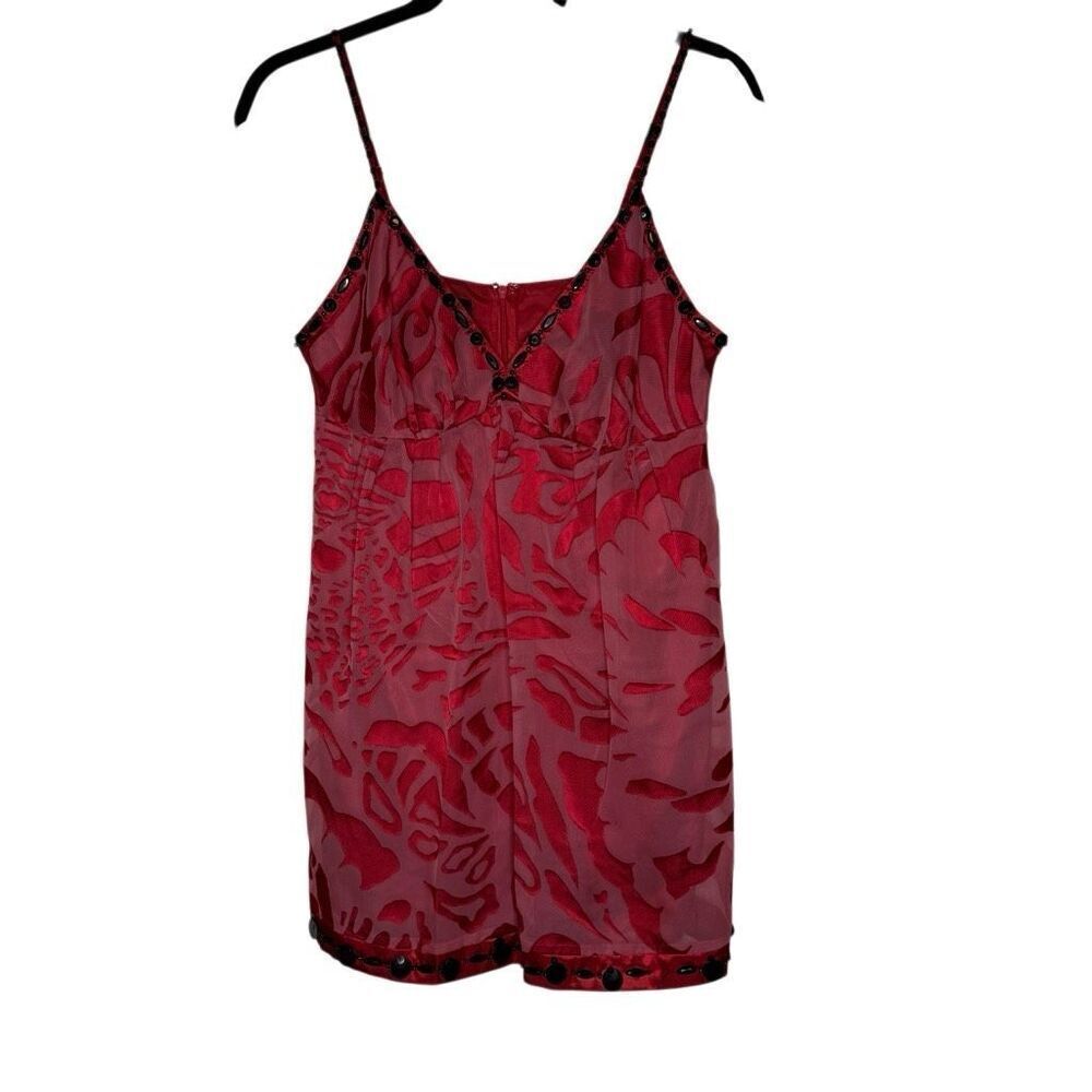 Nicole Miller Mini Slip Dress Red Burnout Beaded Empire Waist Baby Doll Sz 8 Y2K
